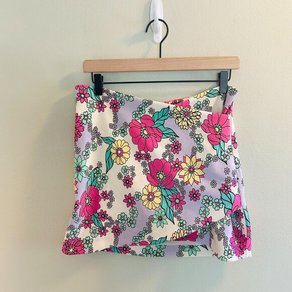 Zara Only One Floral Mini Skirt Size Medium High Rise Pink Purple Flowers Bright - Picture 3 of 10